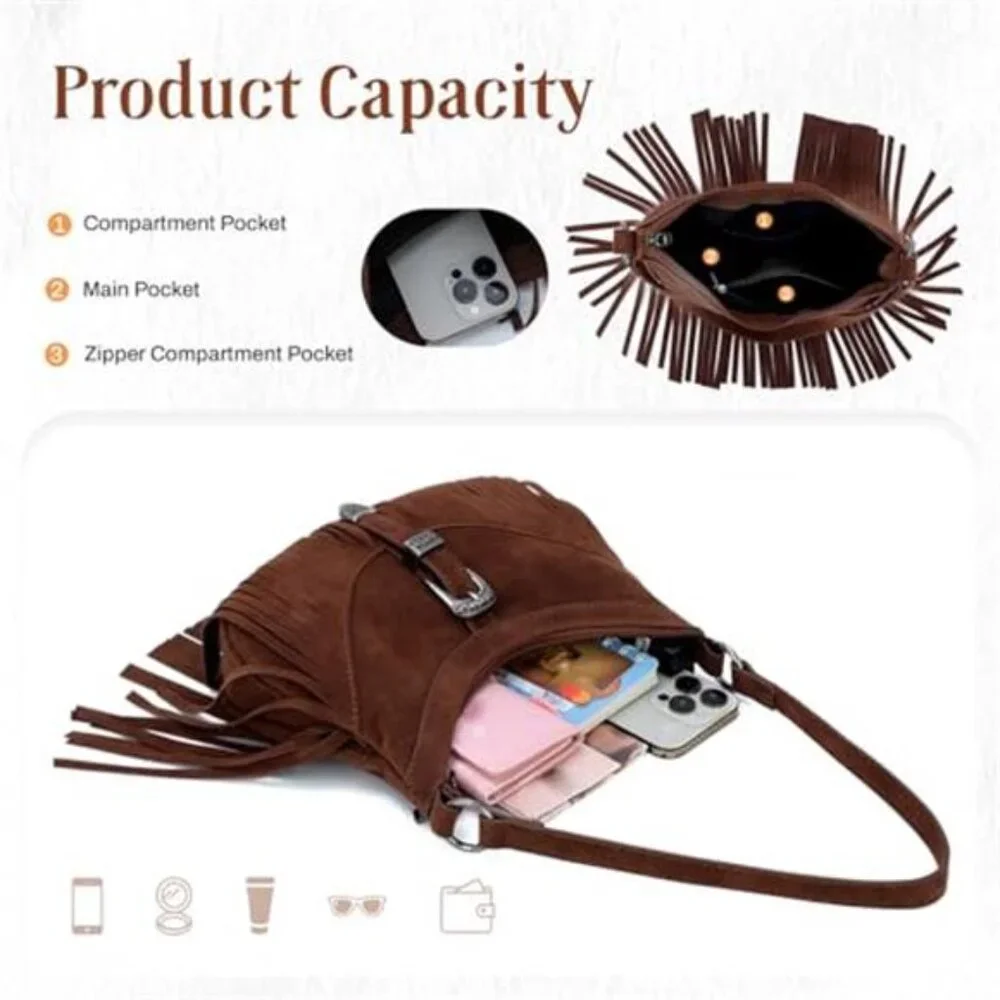 CHOCOLATE BROWN Bohemian Cowgirl Vegan Suede Faux Leather Fringe Purse Boho Bag